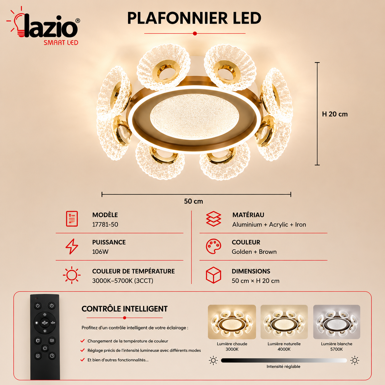 Plafonnier LAZIO 3CCT 17781-50 – Image 2